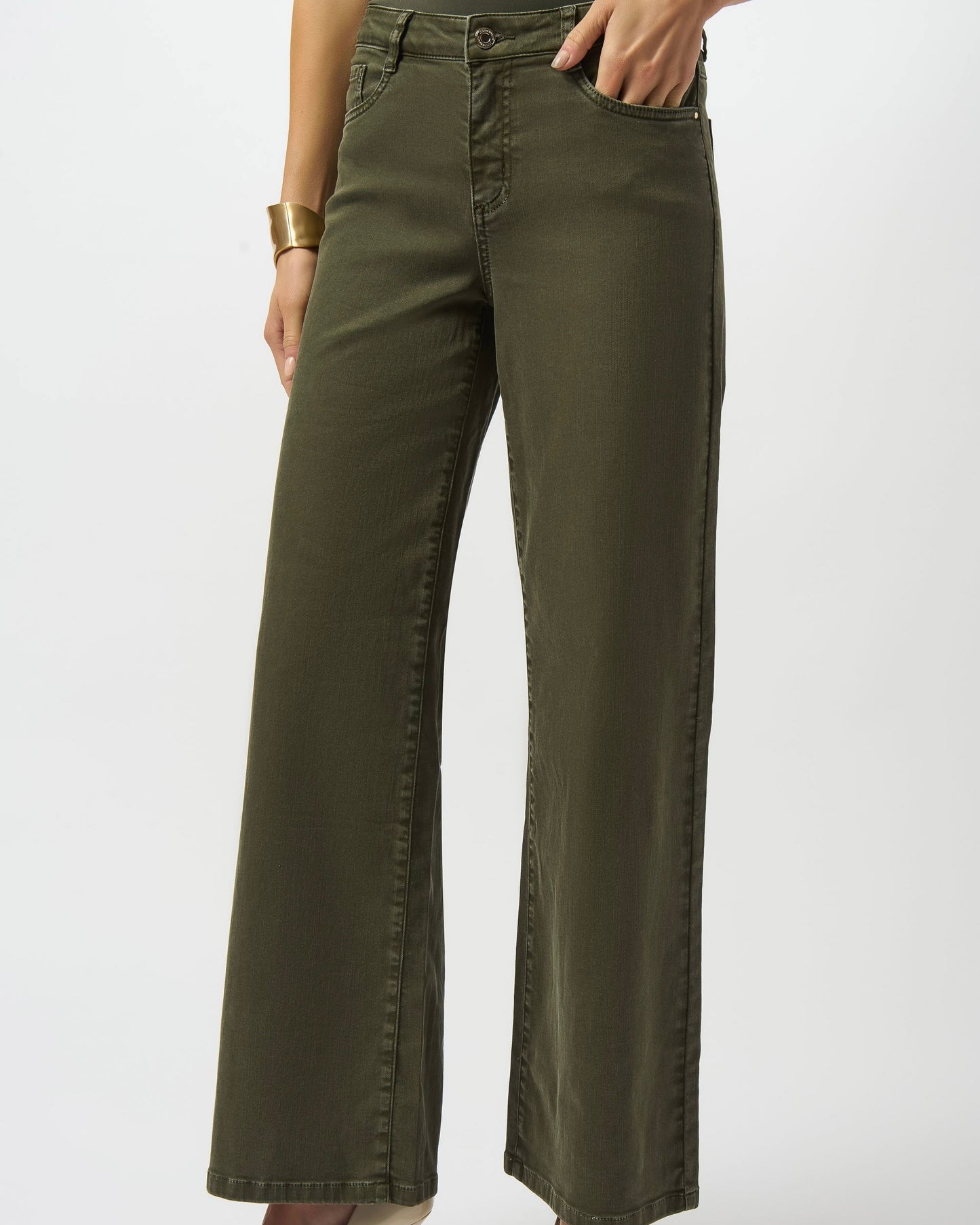 Model is wearing Joseph Ribkoff GOLDIE Classic Wide Leg Jeans in Avocado on a white background.