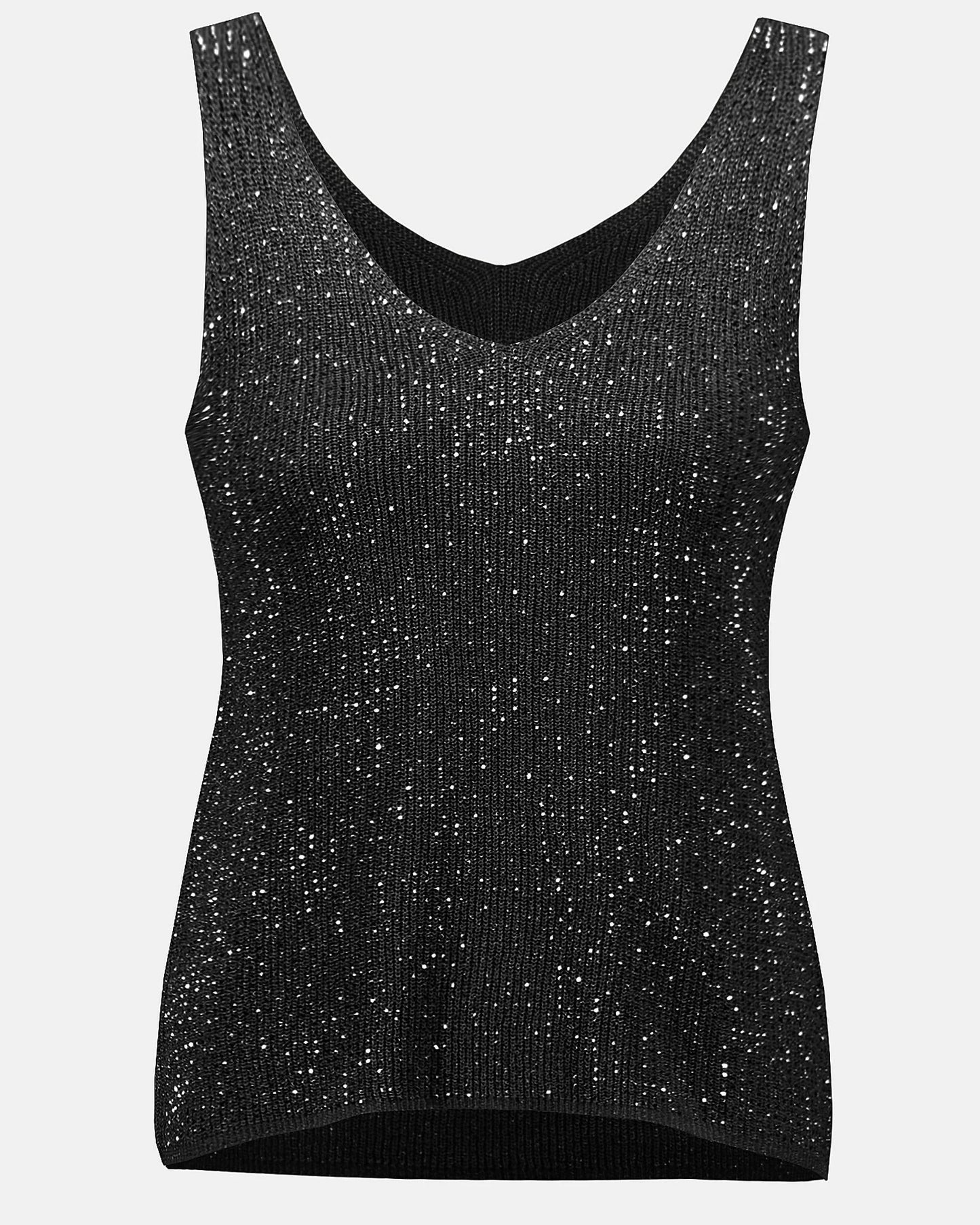 Black sparkly tank top on a light gray background