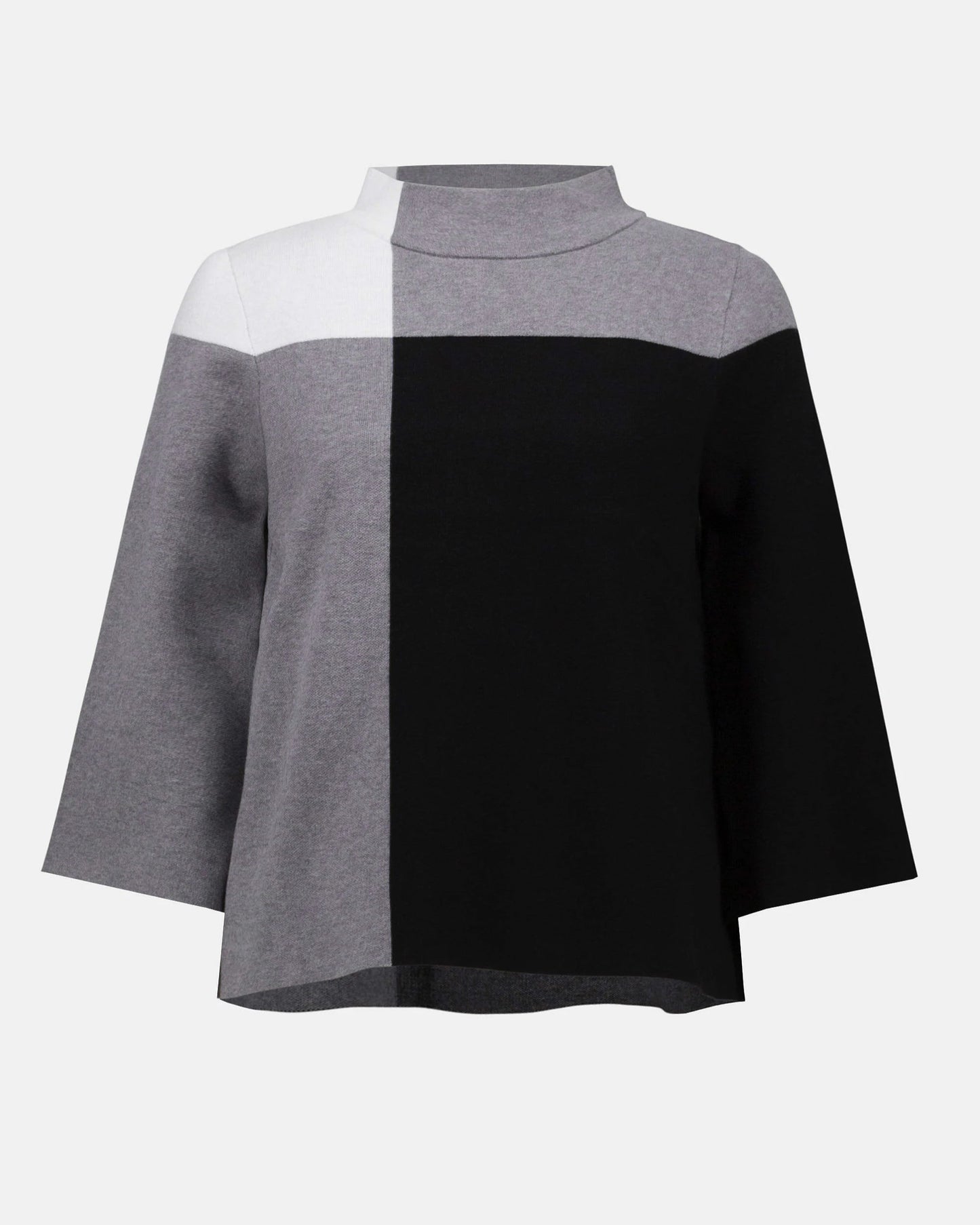 Color-blocked poncho with gray, white, and black sections on a light gray background