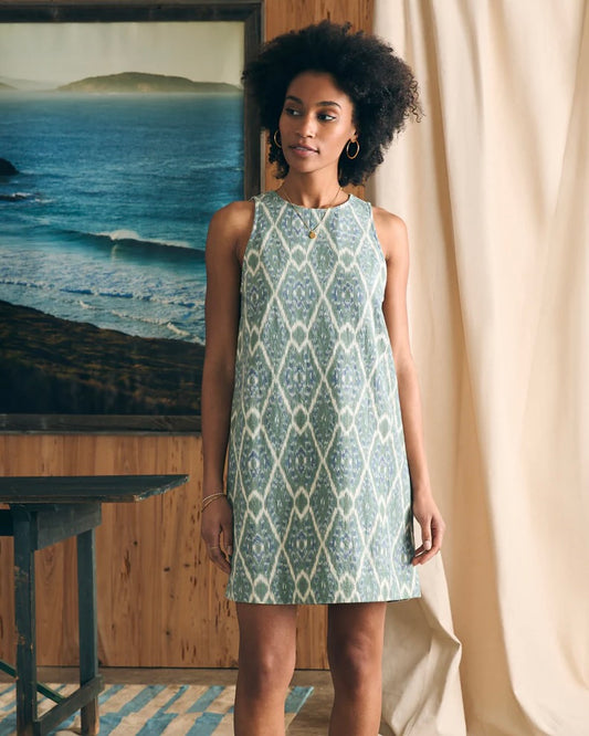 Model wearing Faherty Carini Dress in Tuscan Ikat print standing in front of a painting and white curtain 