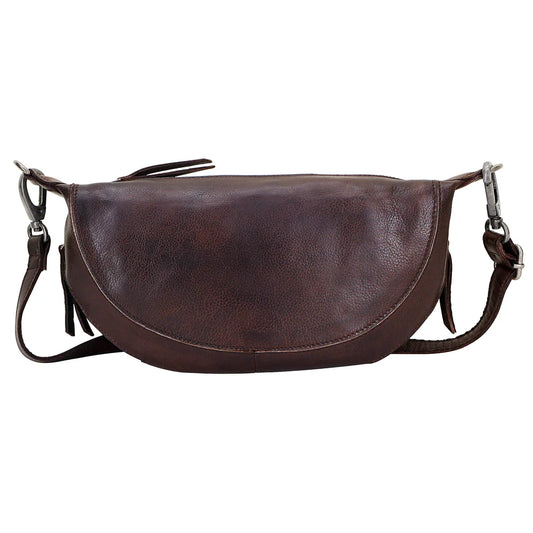 Brown leather saddle bag on a white background