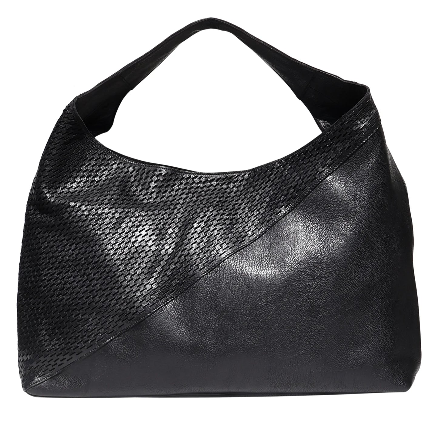 Black leather handbag with a textured pattern on a white background