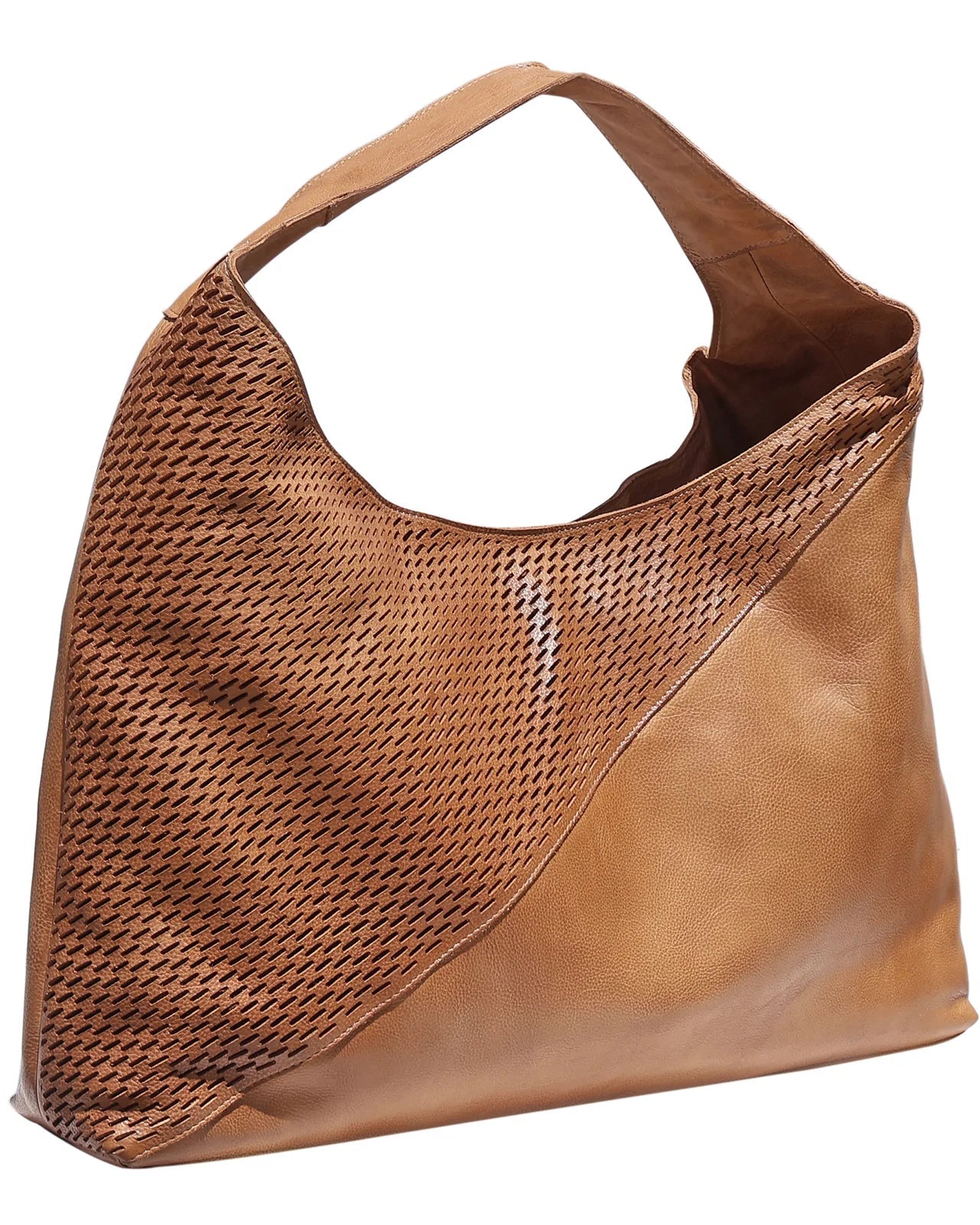 Brown leather handbag with woven pattern on a white background