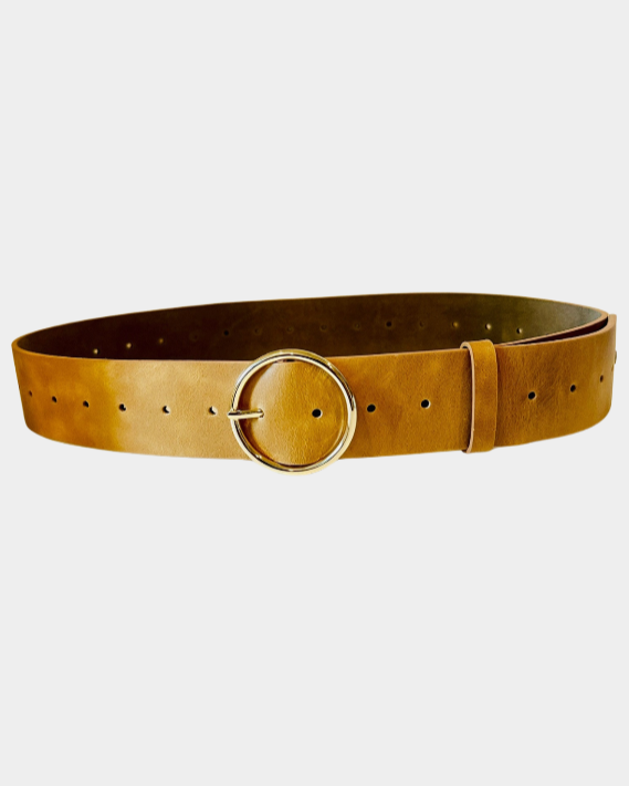 Brown leather belt with a large round buckle on a light gray background