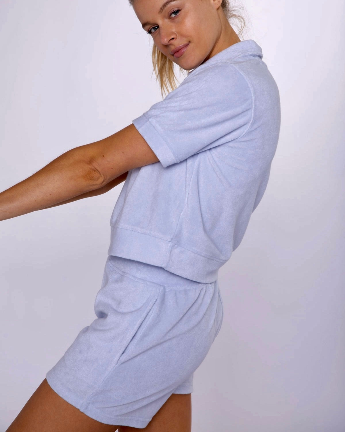 Mono B Brushed Shirt and shorts set in Light Peri color on a white background