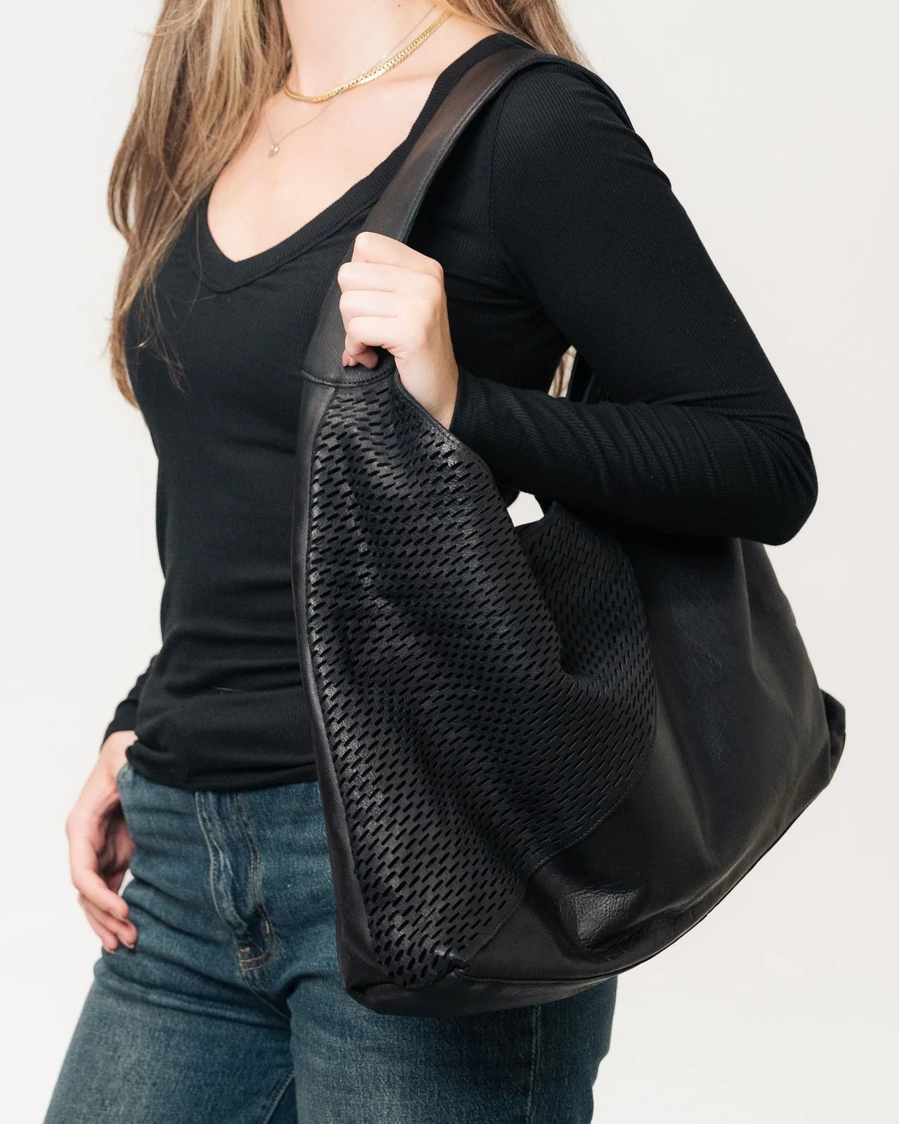 Lindsey Laser Leather Tote Bag | Black