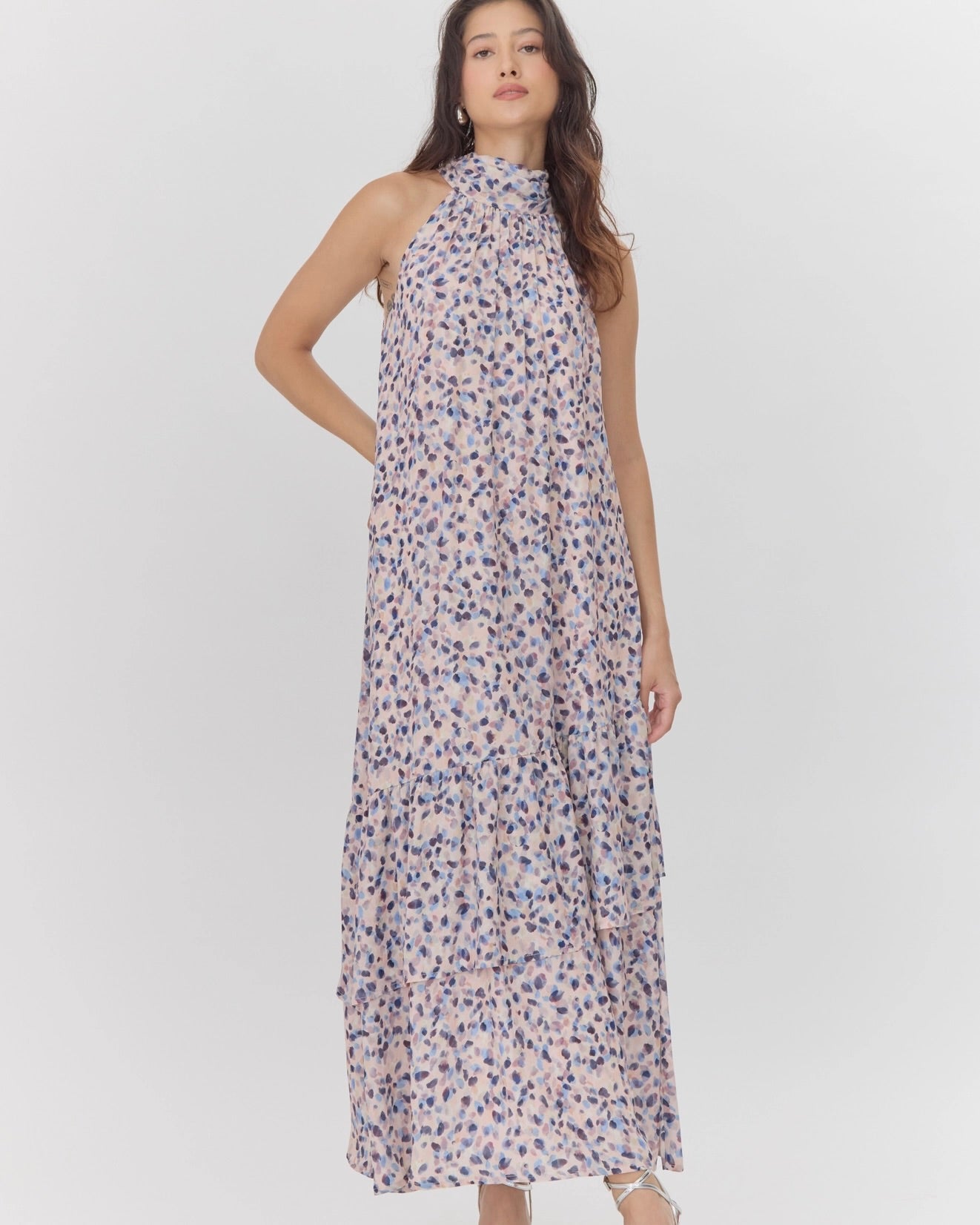 Carina Printed Halter Tiered Maxi Dress | Greylin Collection L / BLUSH DOT Carina Printed Halter Tiered Maxi Dress | Greylin Collection L / BLUSH DOT