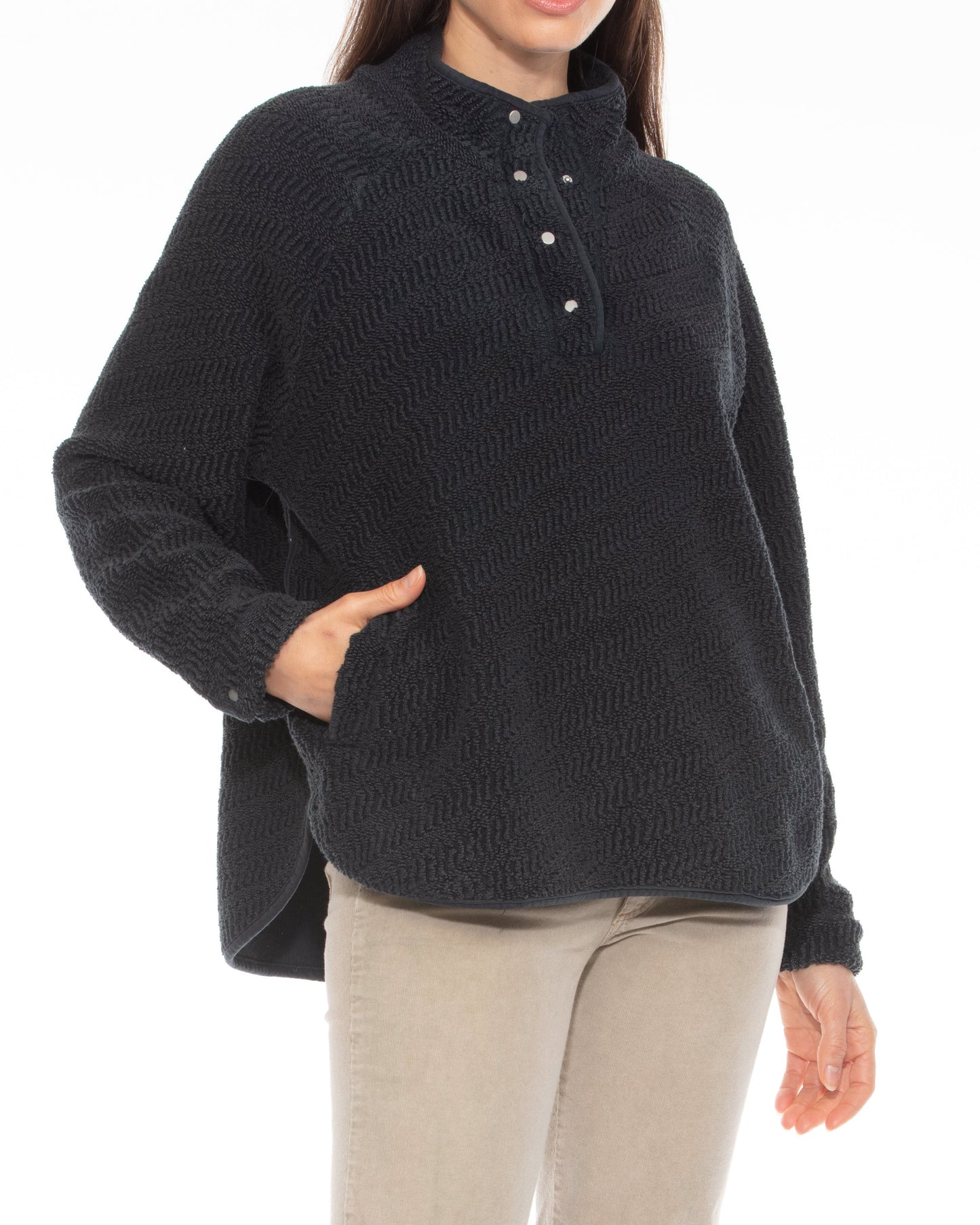 Person wearing a black sweater with a white background