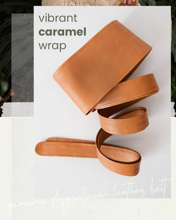 Brown leather belt with 'vibrant caramel wrap' text on a white background