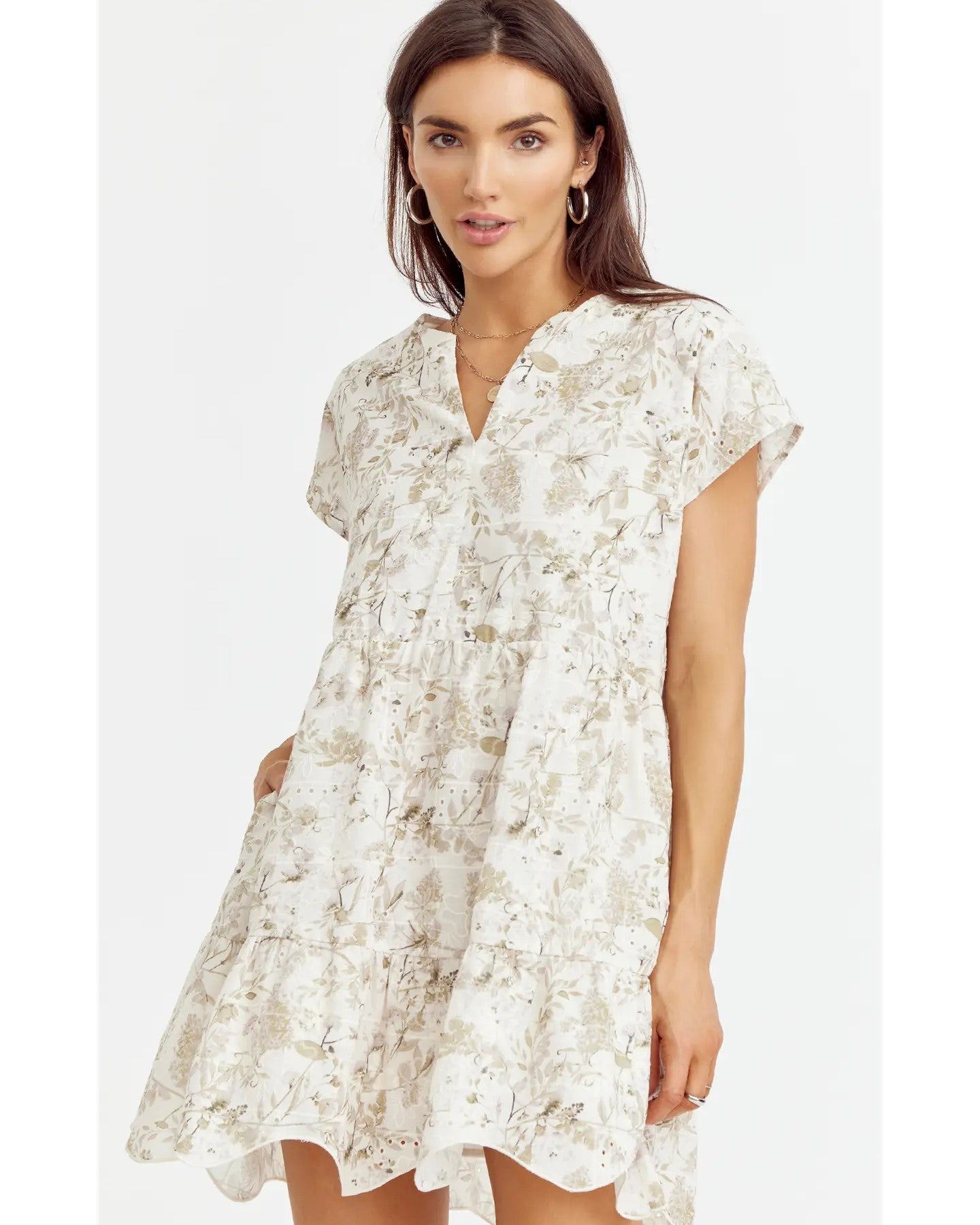Model Wearing Greylin Soleil Embroidered Pullover Dress on a white background