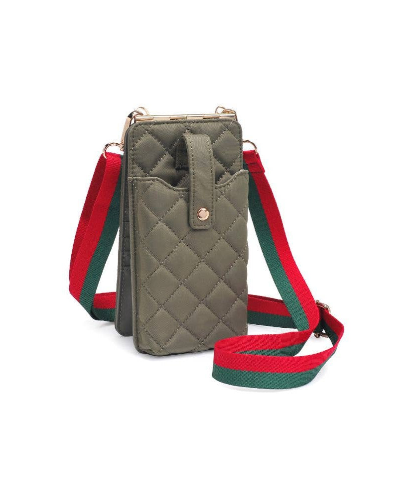 Green quilted phone case with red and green strap on a white background