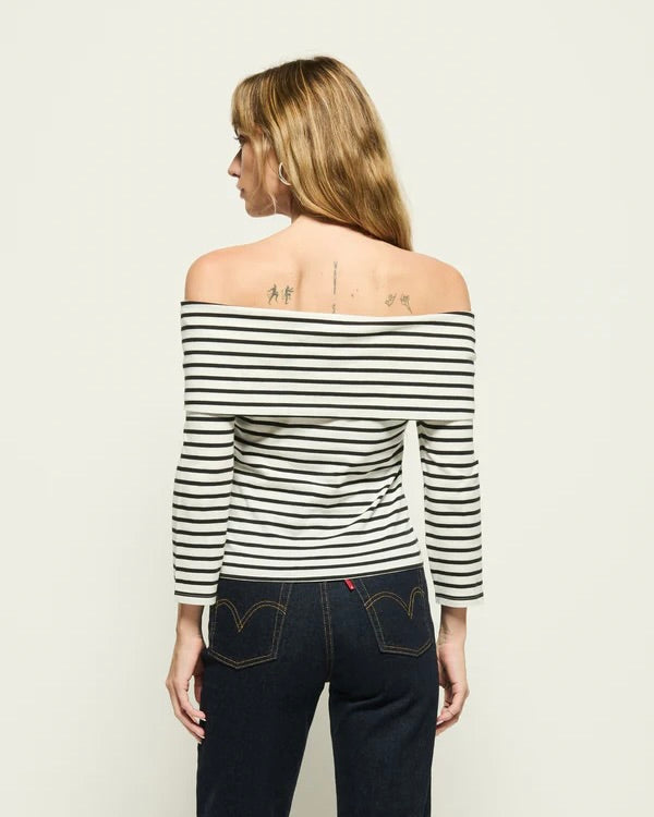 Back view of the Nation Alexi Off The Shoulder Shirt on a model wearing dark denim in front of a white wall.