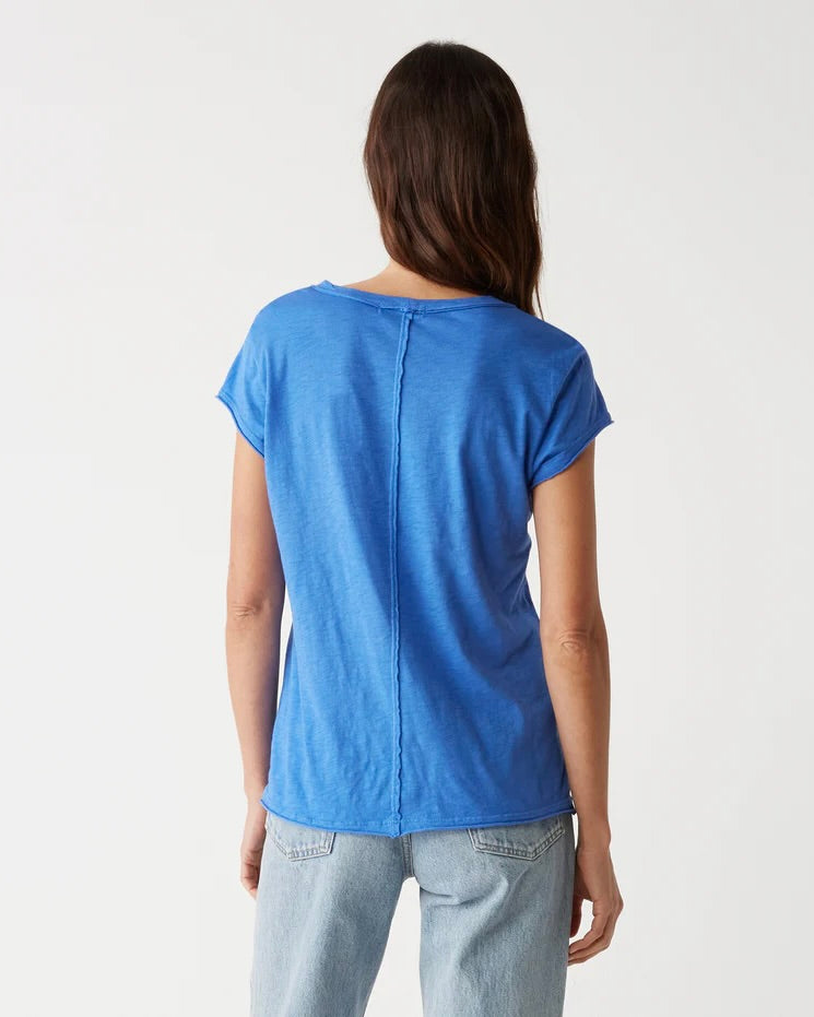Model wearing Michael Stars salt water blue Trudy Crew Tee wearing jeans on a white Background