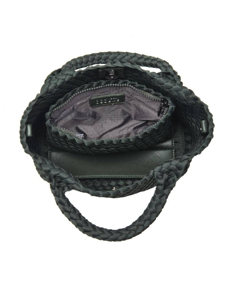 Black woven handbag with braided handle on a white background