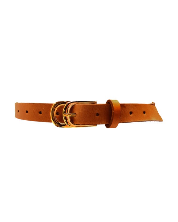 Brown leather belt with a gold buckle on a white background