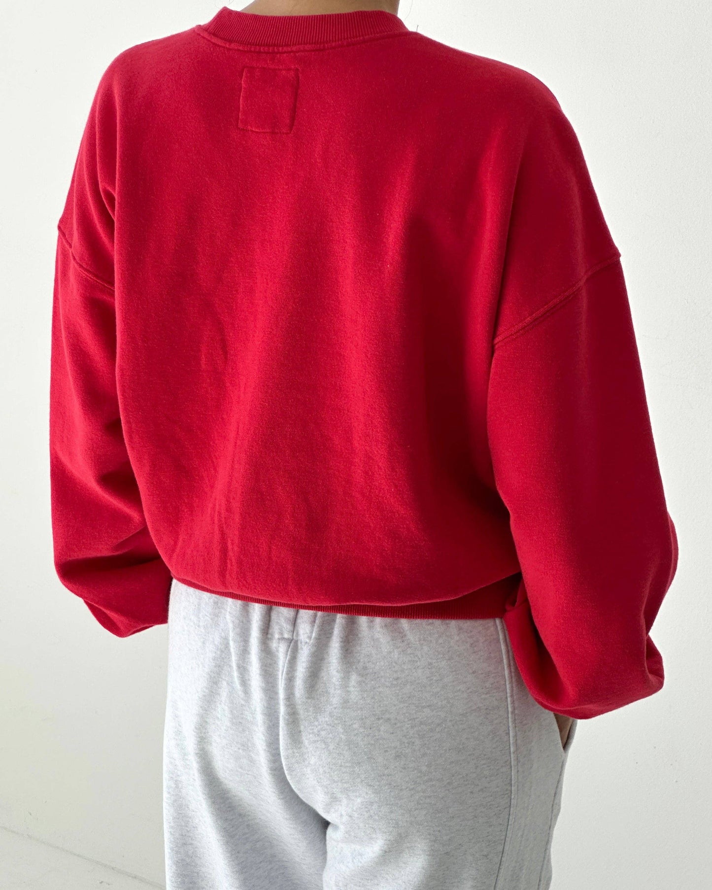 Person wearing a red sweatshirt and gray pants on a white background