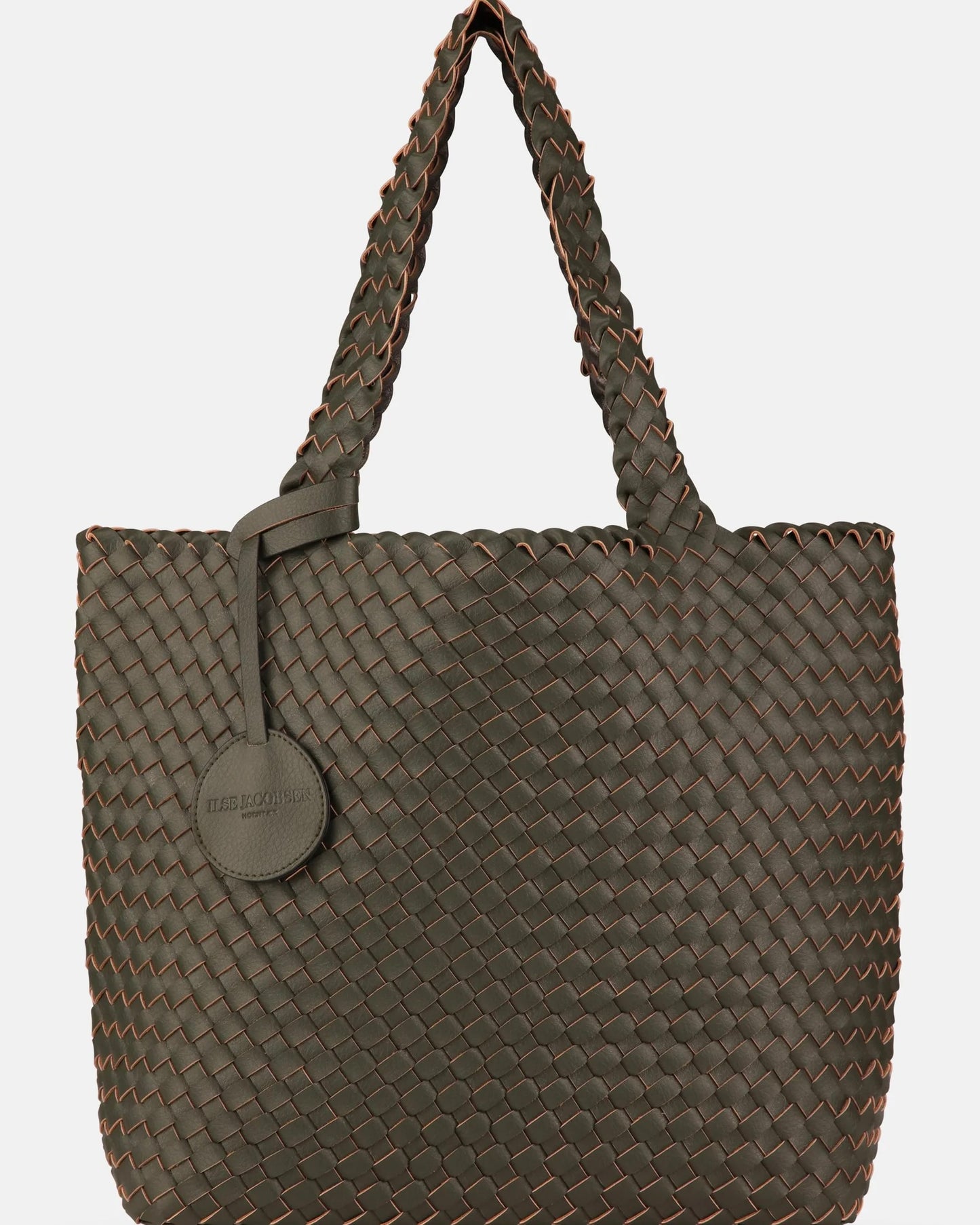 Green woven handbag with a visible brand logo on a white background