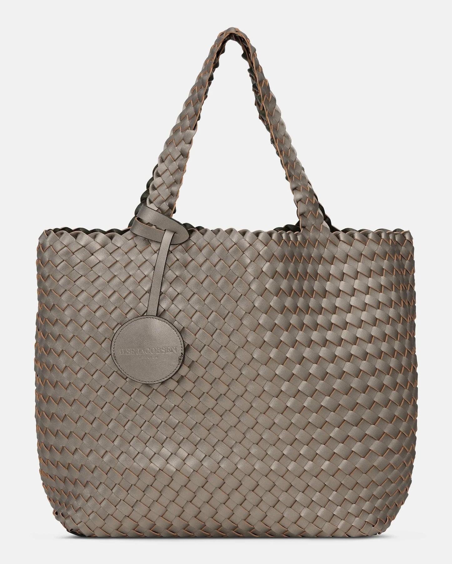 Light grey woven handbag with a circular clasp on a white background