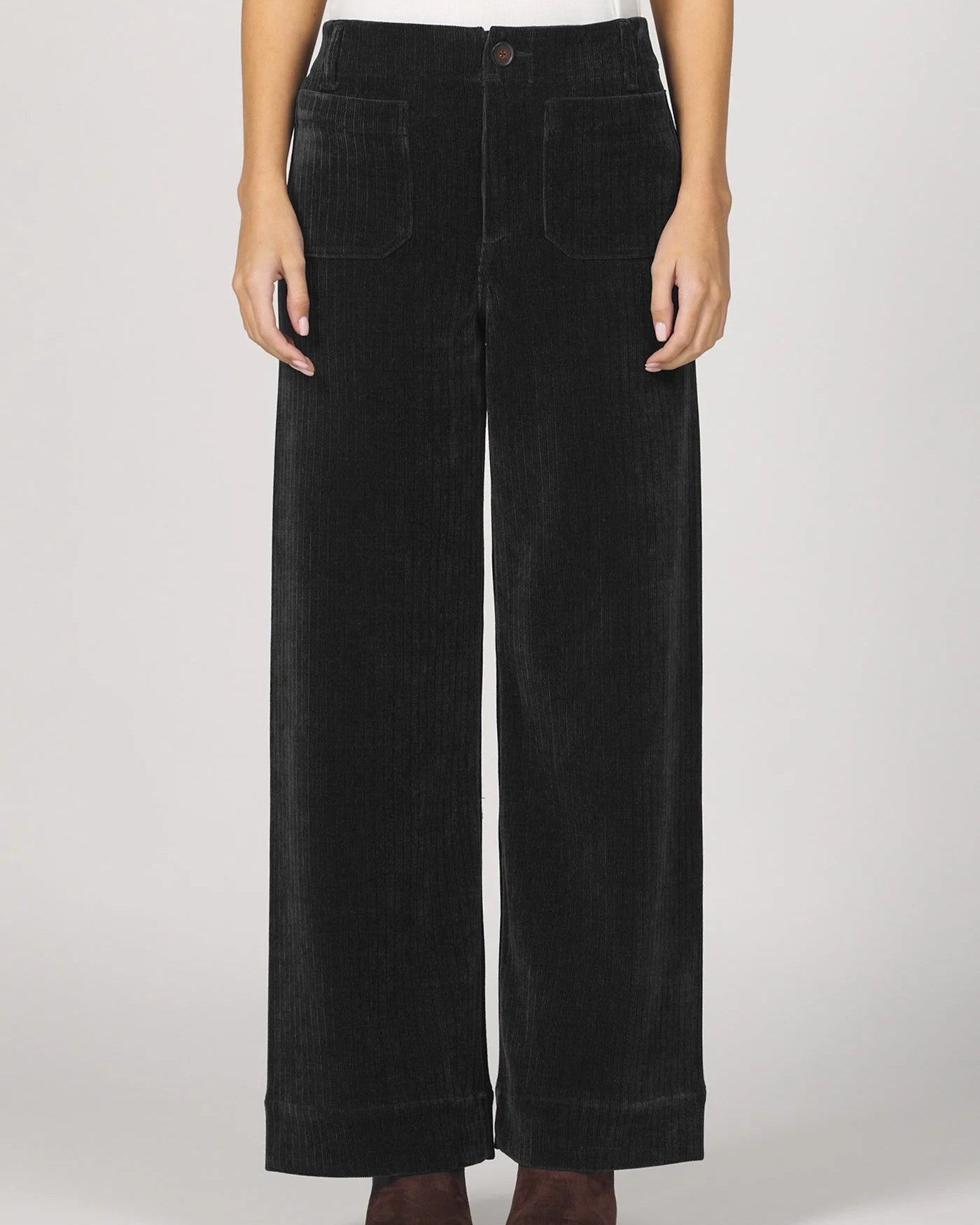Black wide-leg pants worn by a person on a white background