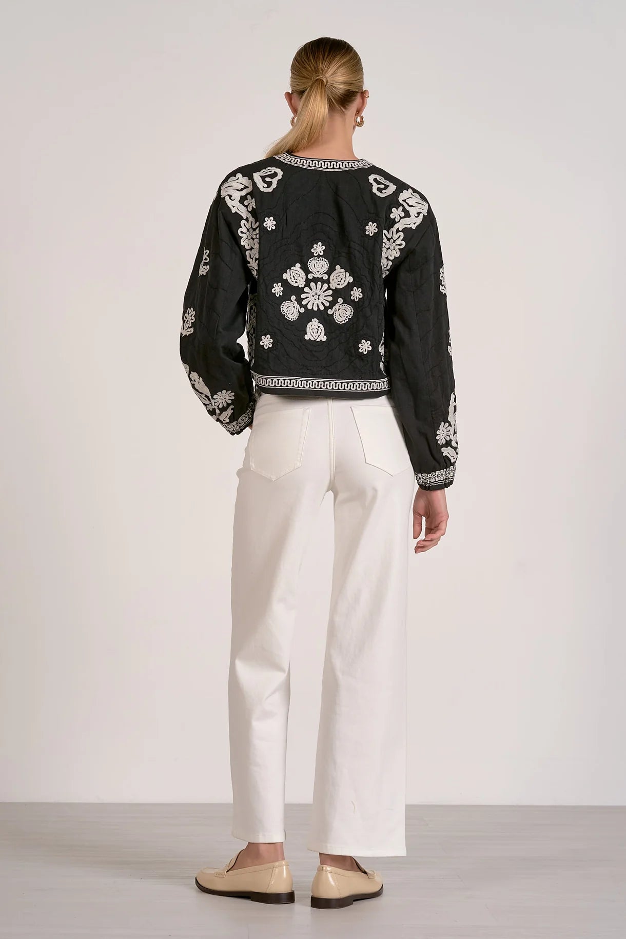 Embroidered Tie Front Jacket-Black