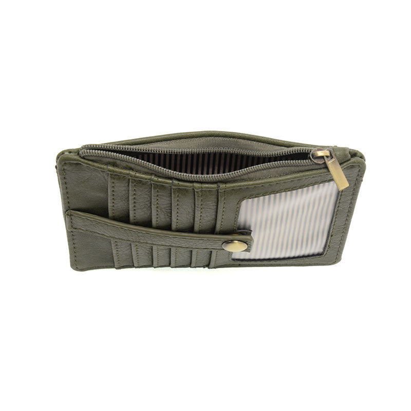 Dark Basil vegan leather wallet with gold accents against a white background.