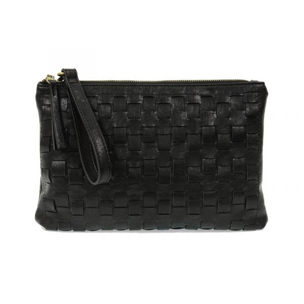 Black woven convertible crossbody clutch against a white background.