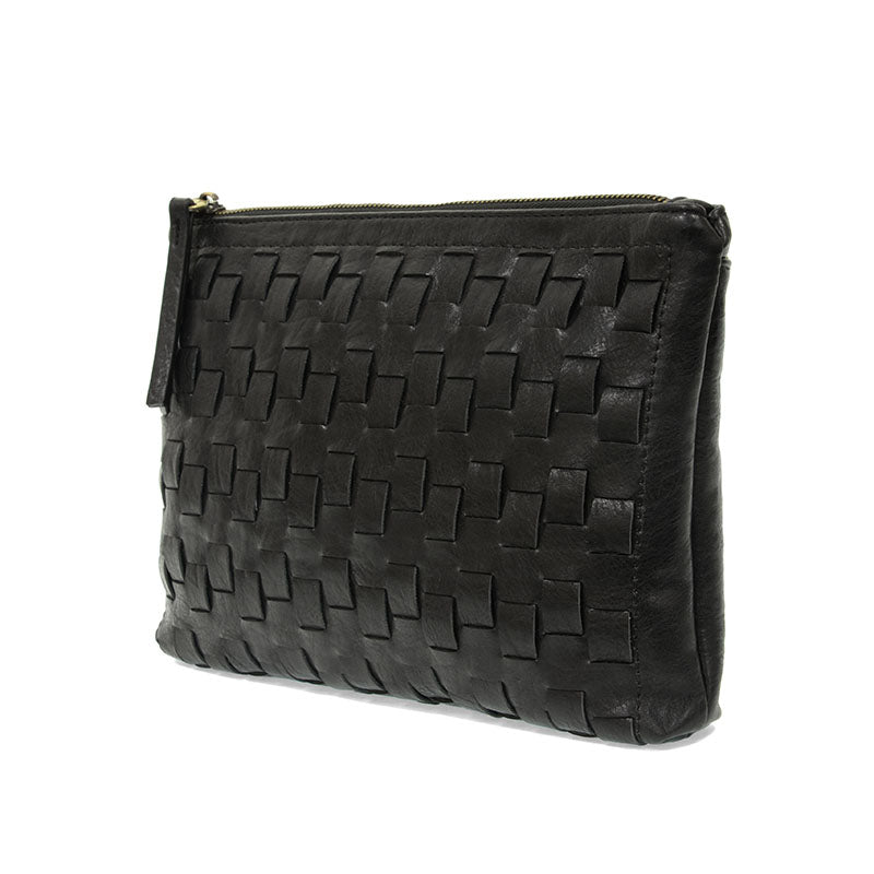 Black woven convertible crossbody clutch against a white background.