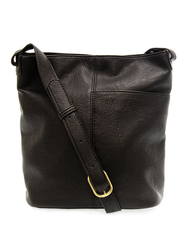 Black vegan leather bucket handbag with gold accents against a white background.