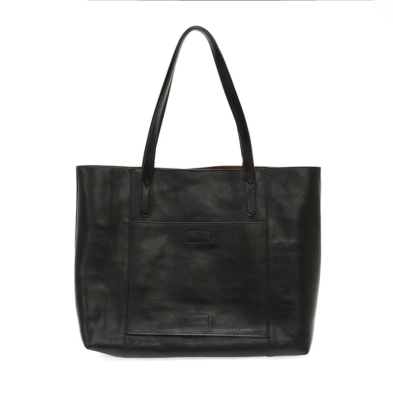 Black vegan leather laptop tote against a white background.