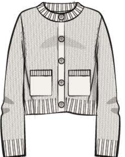 Black and white line drawing of a cardigan with buttons and pockets.