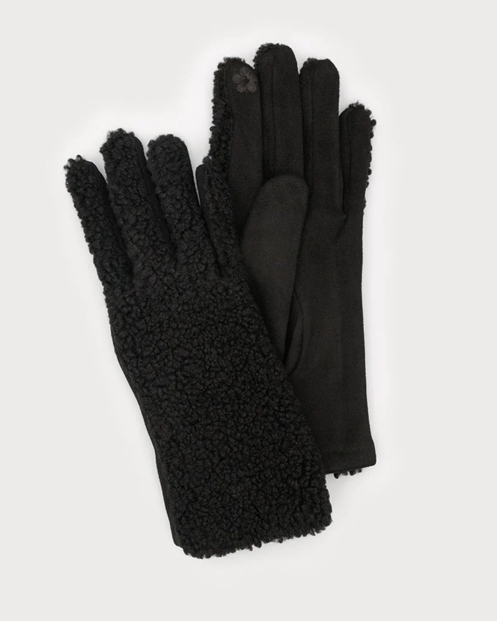 Pair of black gloves with fuzzy cuff on a light gray background