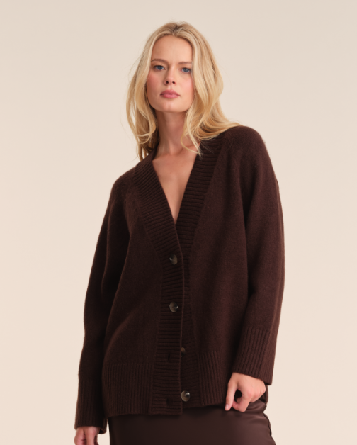 Model is wearing 525 America MILLER OVERSIZED COZY CARDIGAN in Coffee Bean.