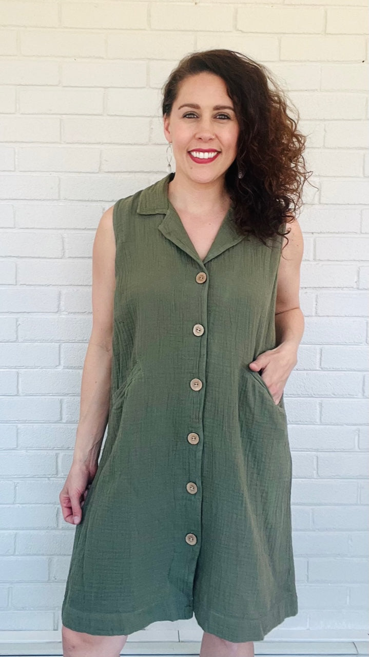 Model Wearing Shannon Passero Olive Marine Dress On a White Background