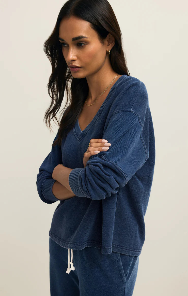 Delphine Knit Denim V-Neck Sweatshirt