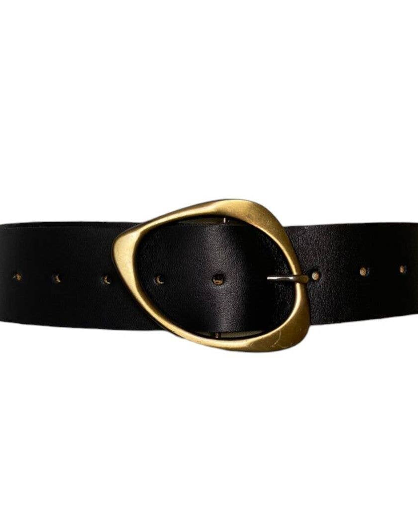 Black belt with a gold buckle on a white background