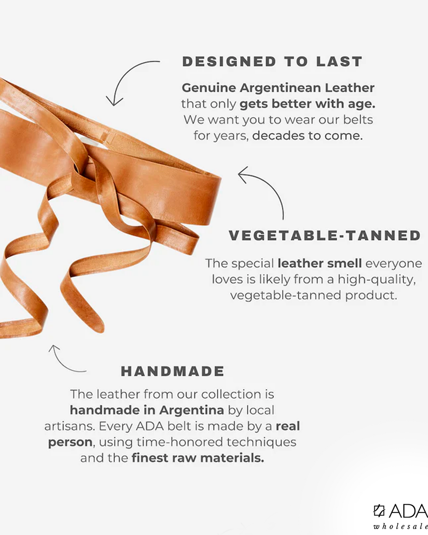 Advertisement for Argentinean leather belts with text highlighting features like durability, vegetable-tanning process, and craftsmanship.