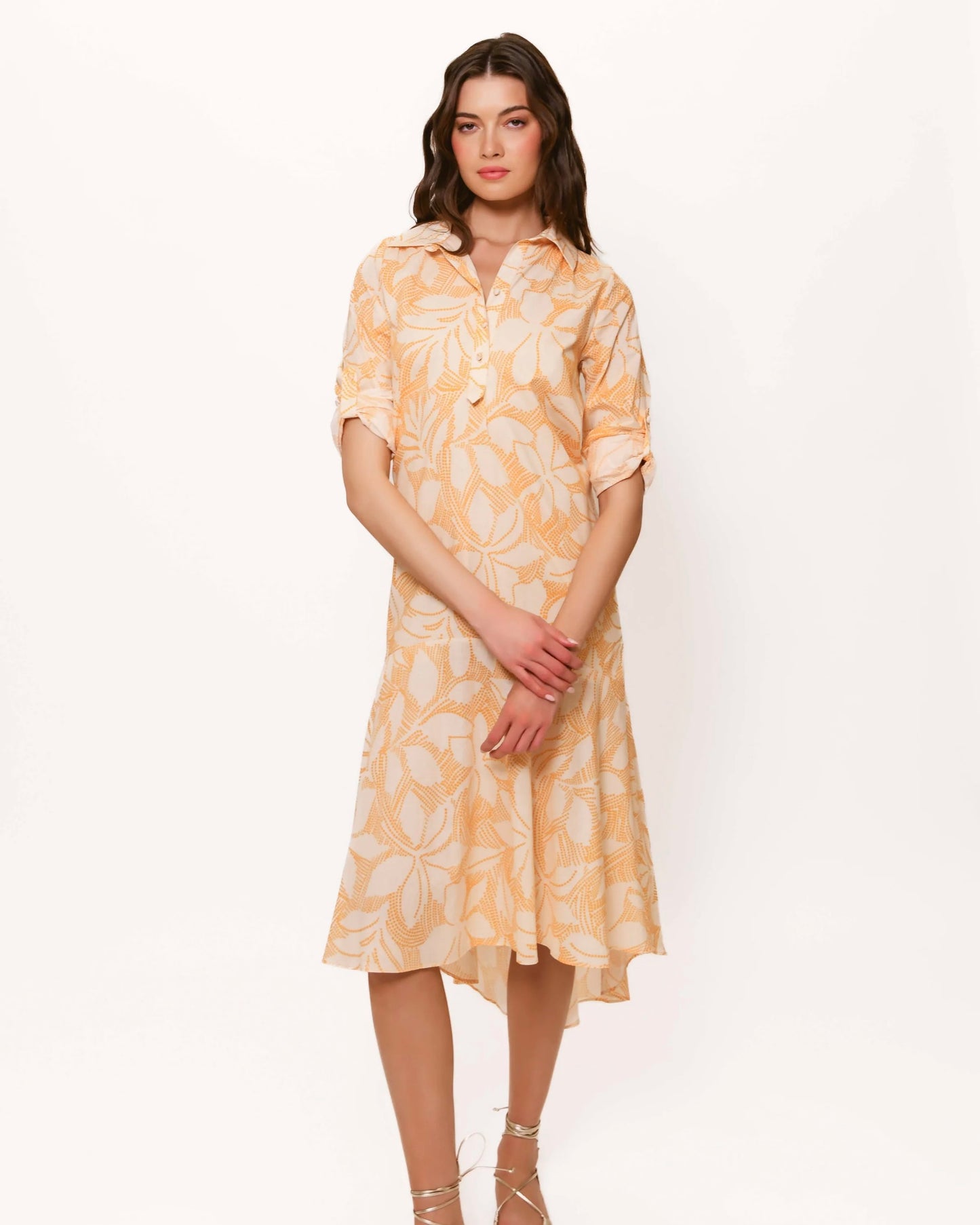 Model is wearing Hutch Jayden Midi Dress in Yellow on a white background.