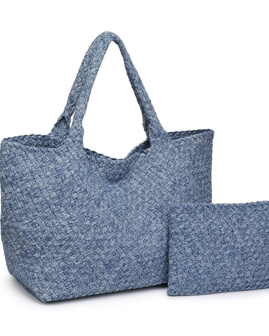 Blue textured tote bag with matching pouch on a white background