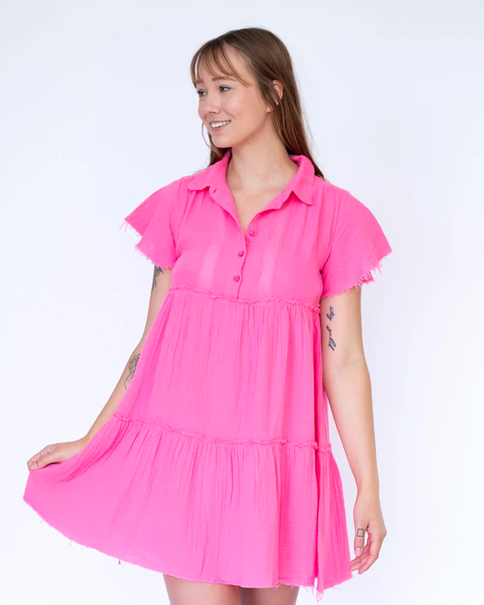 Model Wearing Stark X Pinky Pink Morgan Cotton Dress On A White Background