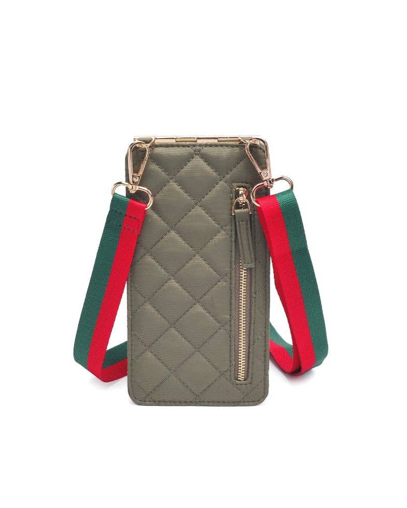 Green quilted phone bag with red and green strap on a white background