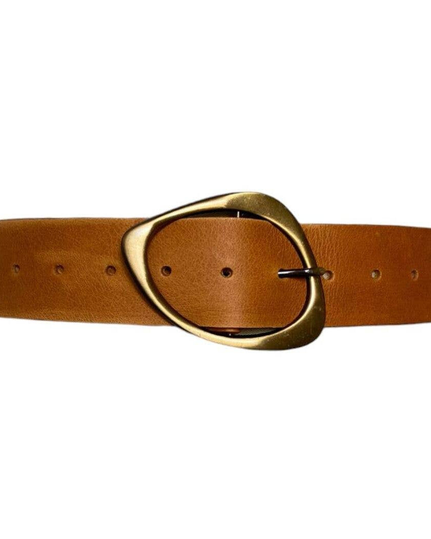 Brown leather belt with a gold buckle on a white background