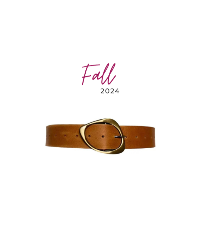 Brown leather belt with a gold buckle on a white background, featuring 'Fall 2024' text.