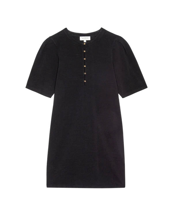 Flat lay of the Nation Sallie Pop Over Dress in black on a white background