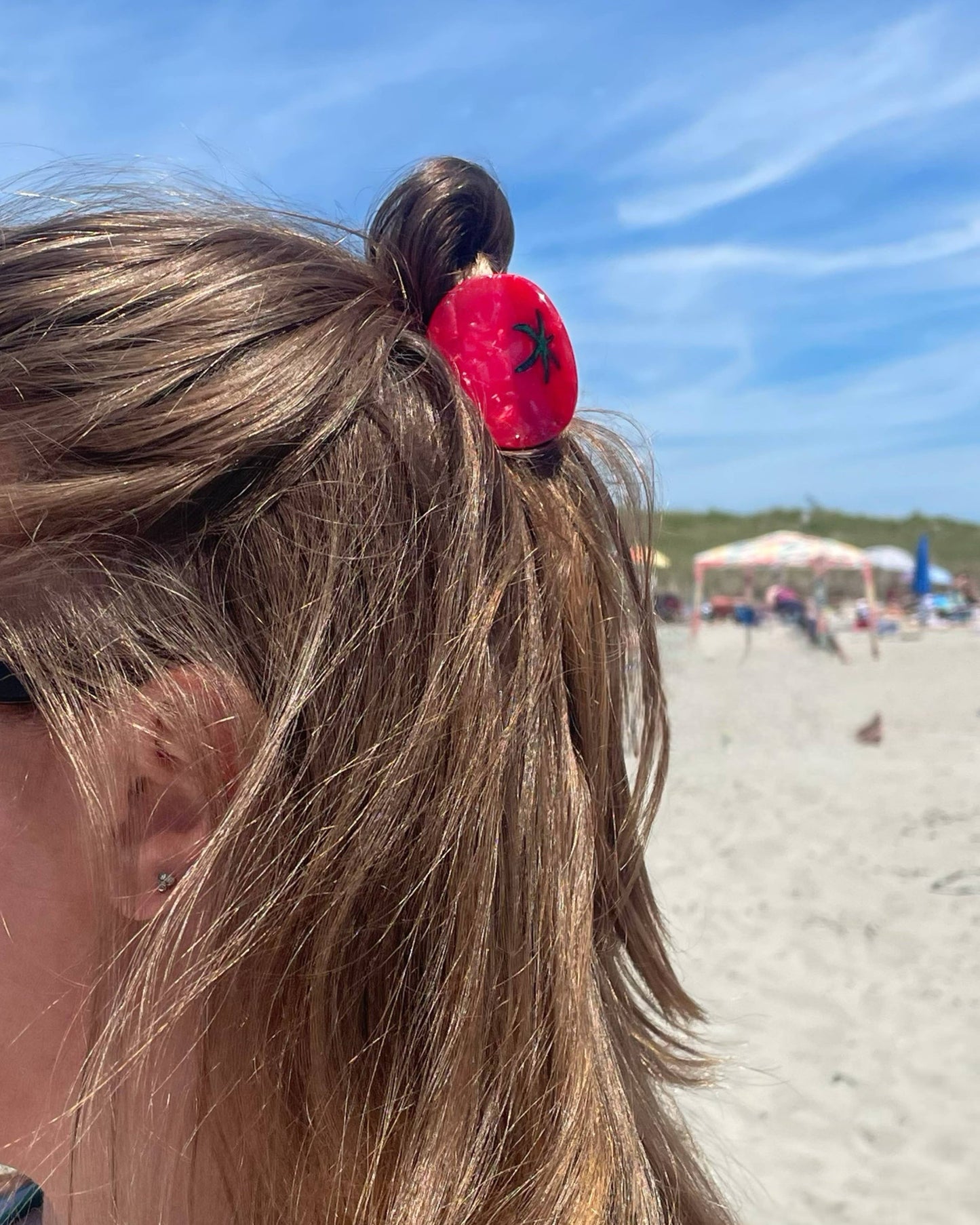 Close-up of a person's hair with a tomato hair clip on a beach.