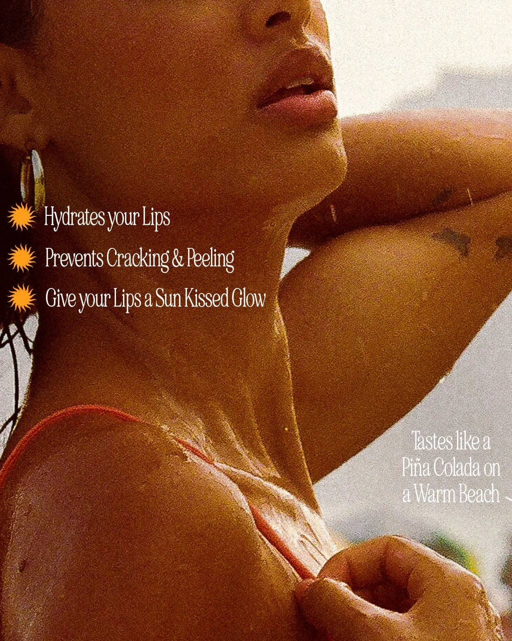 Woman with sun-kissed skin and tattoos, with text about lip care products.