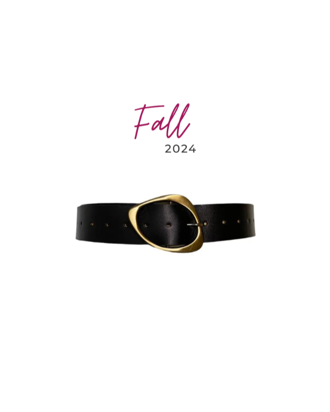 Black belt with a gold buckle on a white background, featuring 'Fall 2024' text.