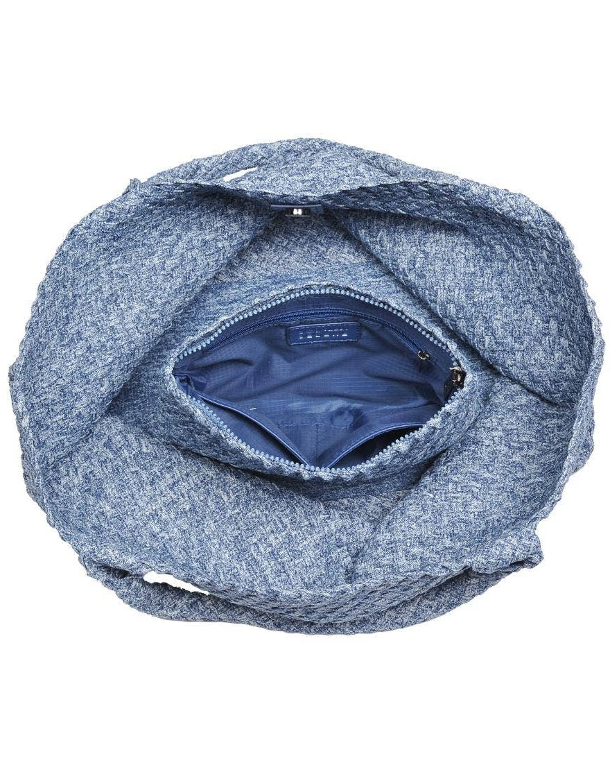 Blue textured bag with a zipper on a white background
