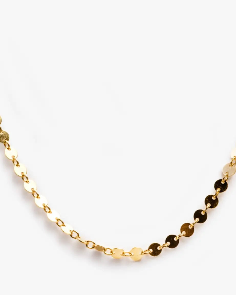 Close up photo of the Able Coin Chain Necklace in gold against a white background