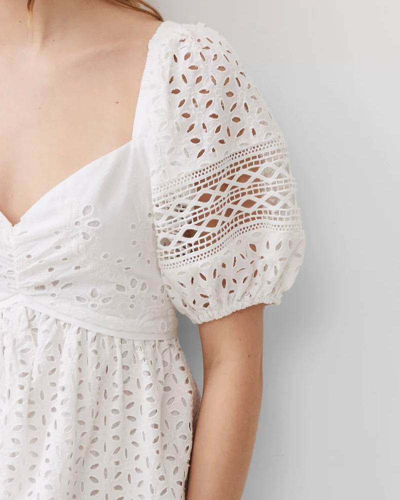Image of French Connection White Alice Cotton Broderie Lace Dress on a white background