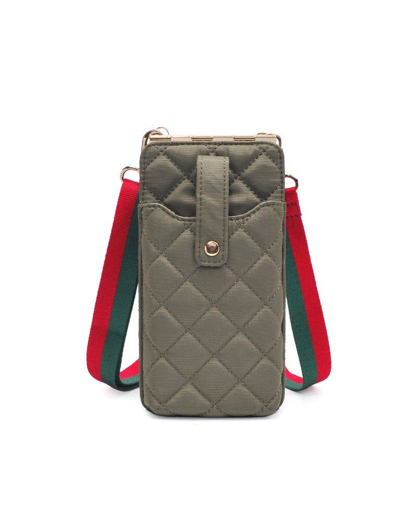 Quilted phone case with red and green strap on a white background